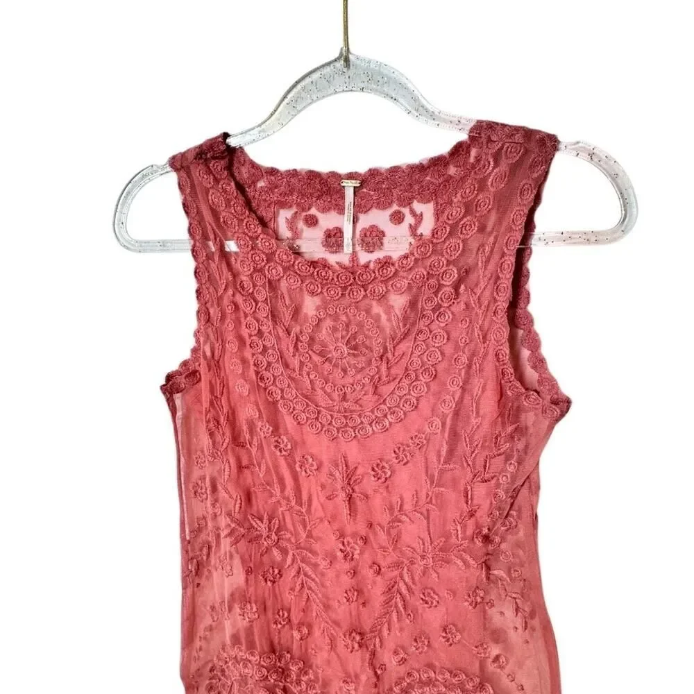 Free People Embroidered Mesh Mini Dress in Red Rouge Sheer with Liner XS